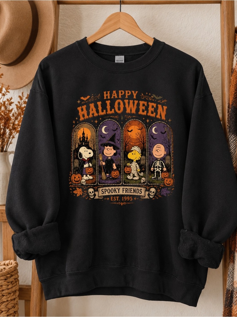 Happy Halloween Spooky Friends Graphic Sweatshirt Black Unisex